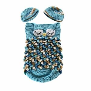 Handmade Owl Sleep Sack Baby NB Blue Tan Crochet Photo Prop Bunting 2 Hat Set